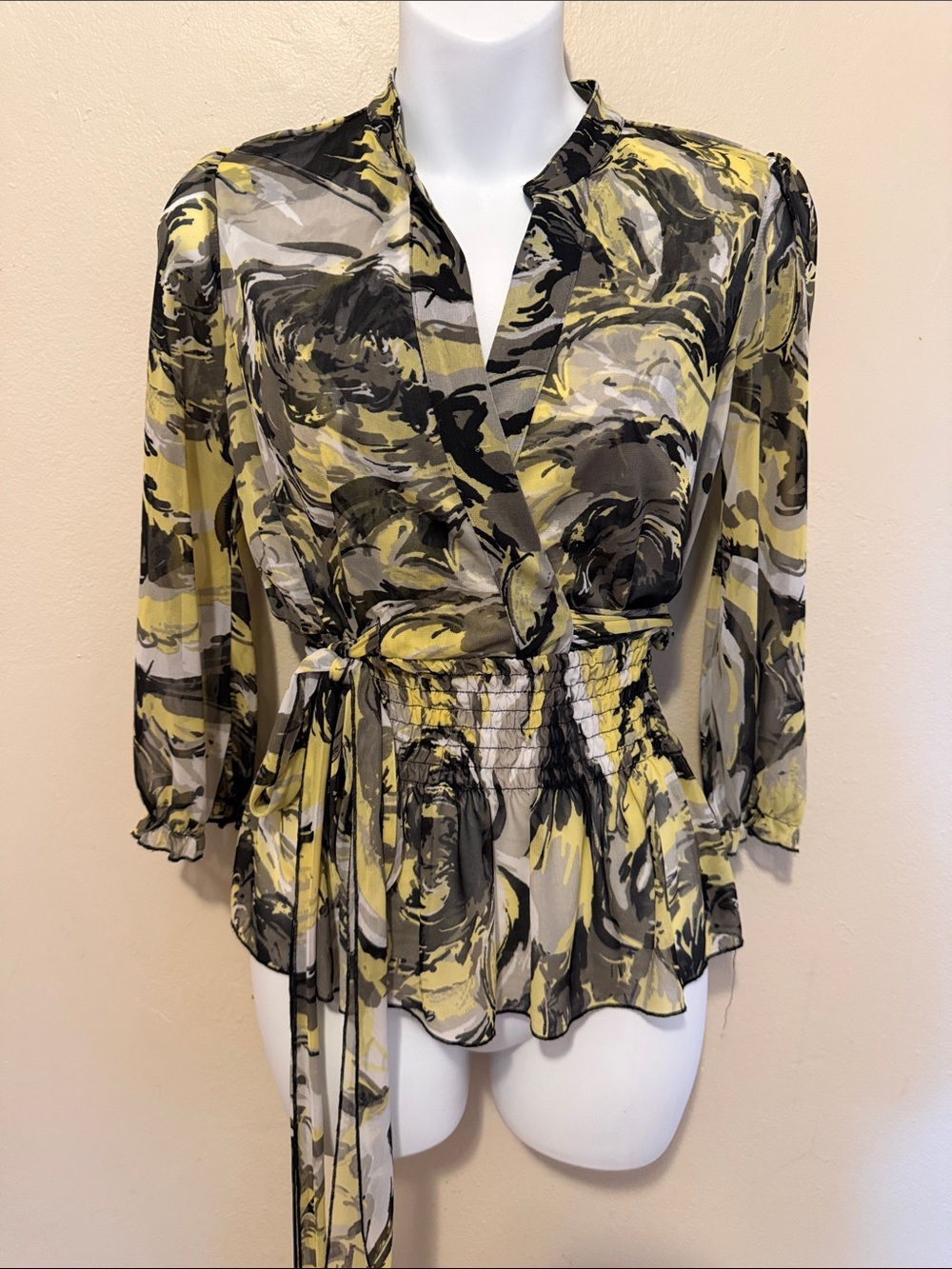 INC International Concepts Yellow, Black & Cream Wrap Blouse with Smocked Waist